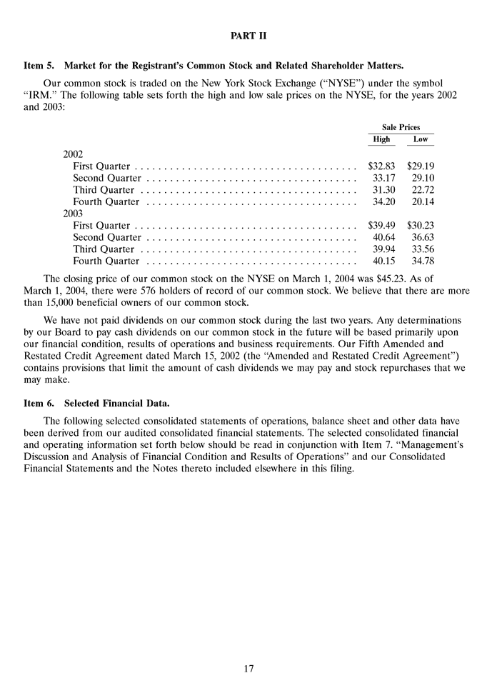 Iron Mountain Annual Report 2003
